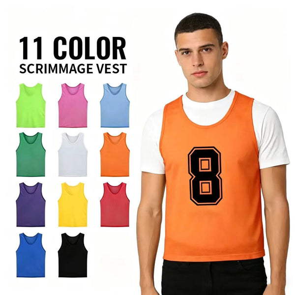 A male model wearing an orange scrimmage vest with the number 8, displayed alongside eleven colored vests.