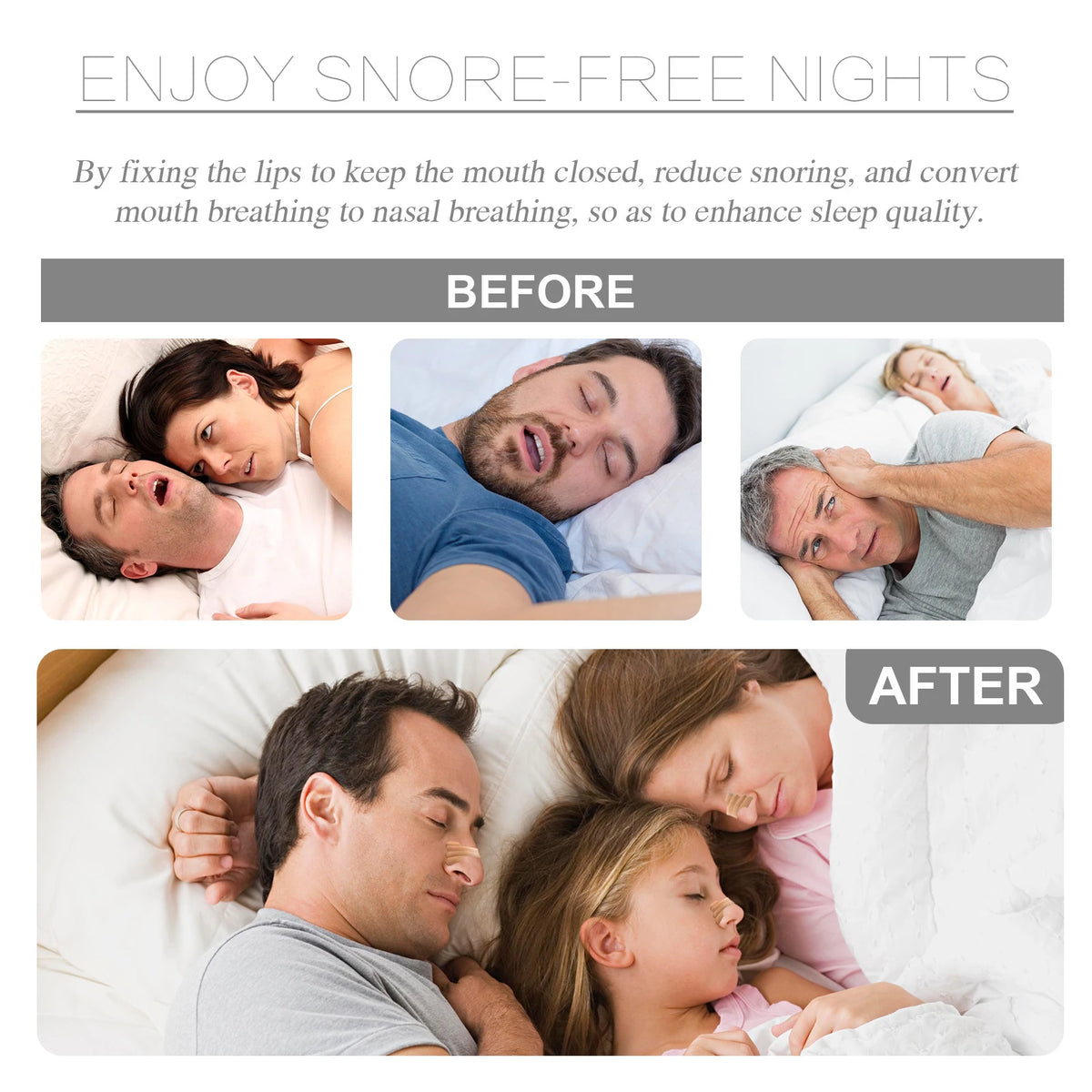 Before and after images showing the use of nasal strips to reduce snoring and improve sleep quality.