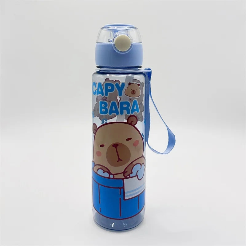 A blue insulated water bottle featuring a bear design and a strap, with a light blue cap.