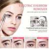 Close-up of an electric eyebrow remover device being used on a woman's eye area.