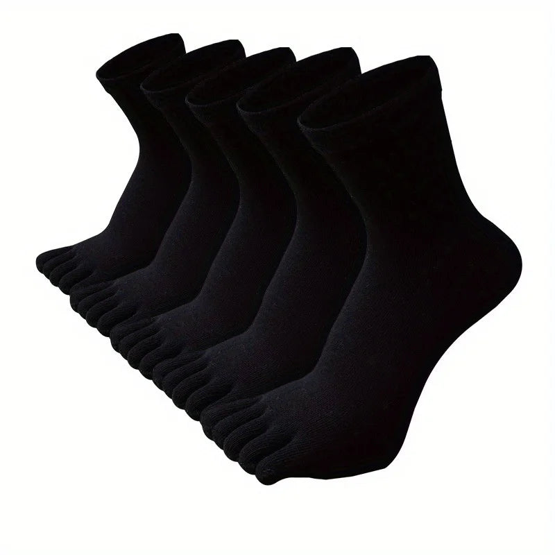 A stack of five black men's breathable cotton split toe socks.