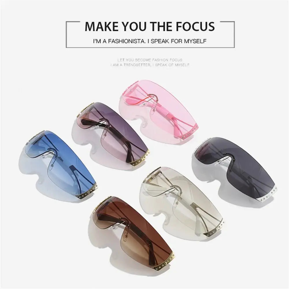 A collection of Y2K futuristic gradient sunglasses in various pink, blue, and brown shades.