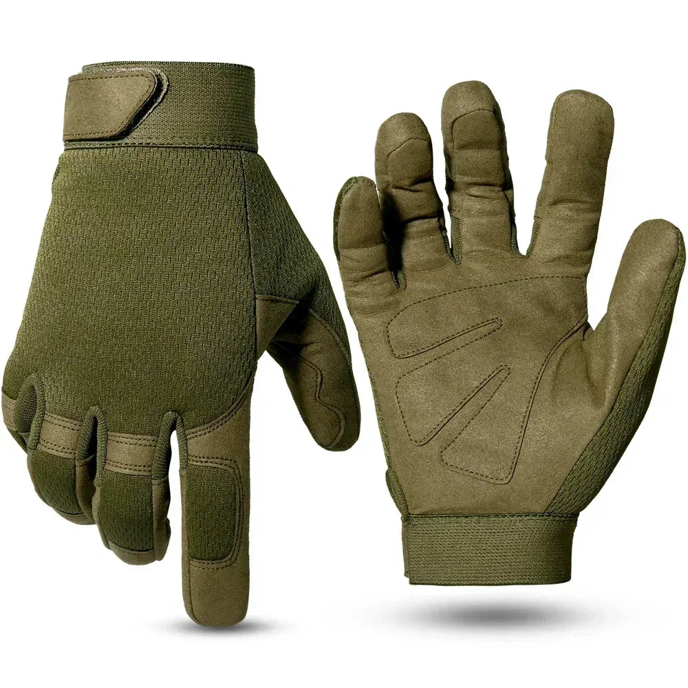 Olive green tactical touch screen outdoor gloves shown from the palm side