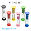 A set of six colorful hourglass timers with different time durations 3M, 5M, 10M, 2M, and 1M.