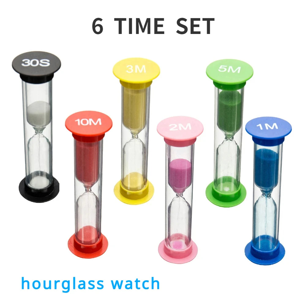 A set of six colorful hourglass timers with different time durations 3M, 5M, 10M, 2M, and 1M.