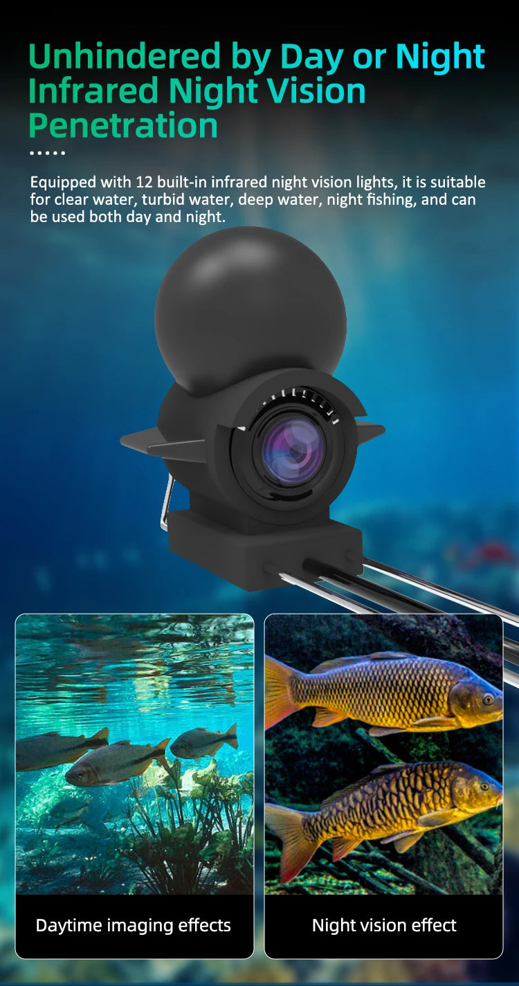 A black handheld underwater camera equipped with infrared night vision lights, showing daytime and night fishing effects.