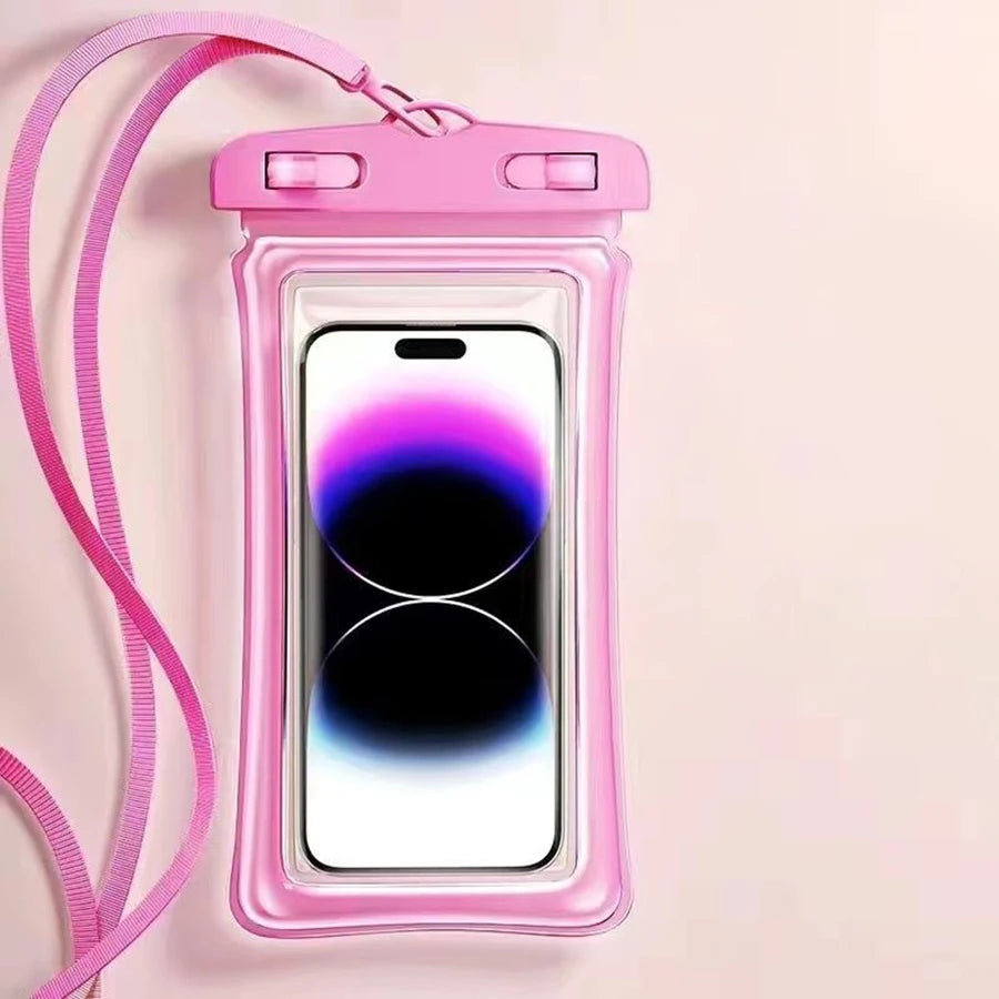 Bolsa de silicona rosa con ventana transparente que contiene un smartphone con degradado púrpura y azul.