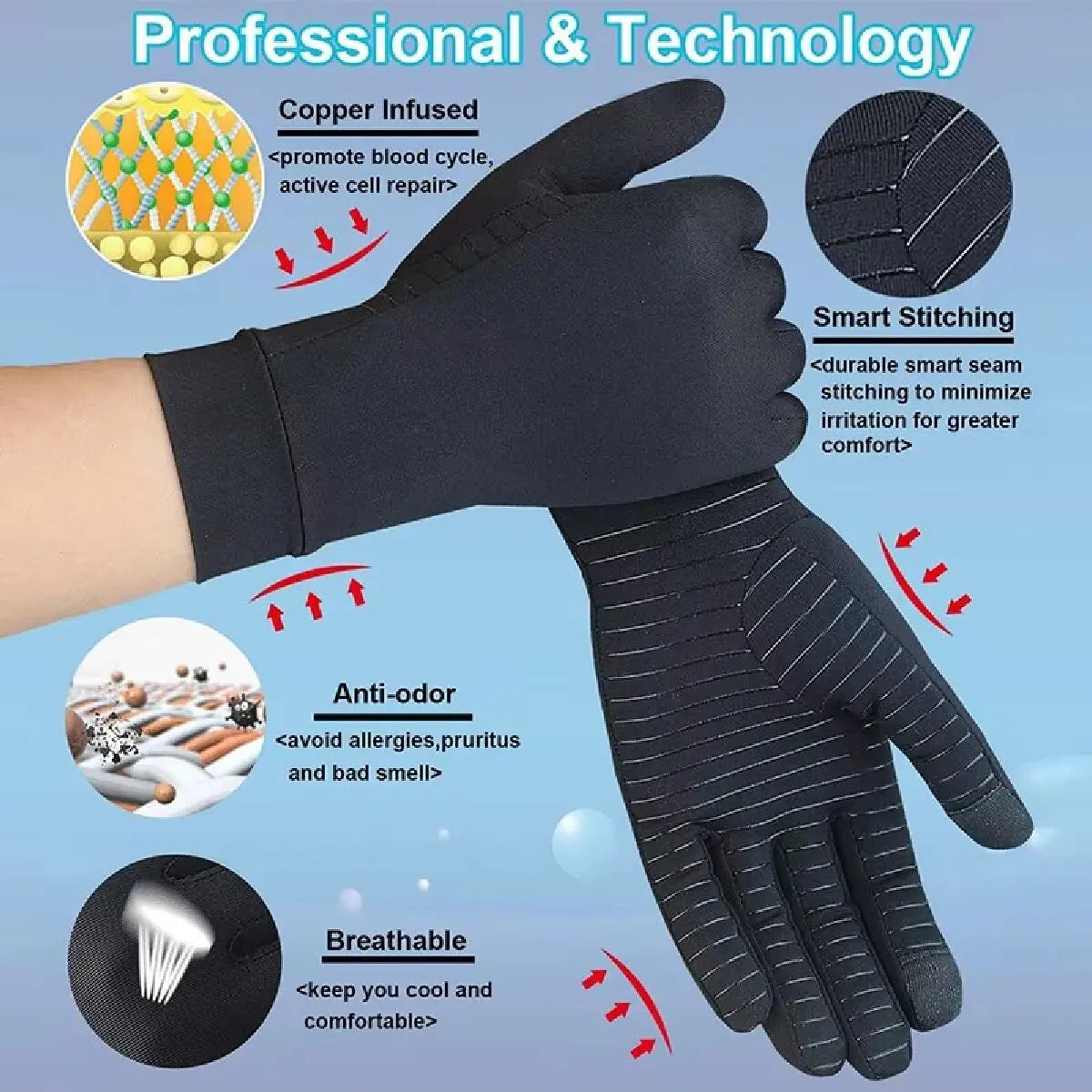 A hand wearing black copper-infused gloves demonstrating smart stitching and breathable features.