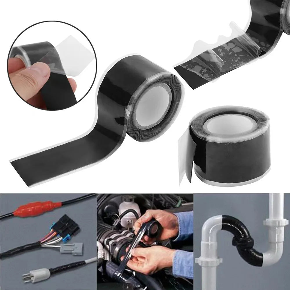 Roll of black heavy duty self-fusing silicone repair tape shown in various angles and application context