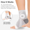 A person's lower leg is shown wearing a gray therapeutic compression sock on their foot.