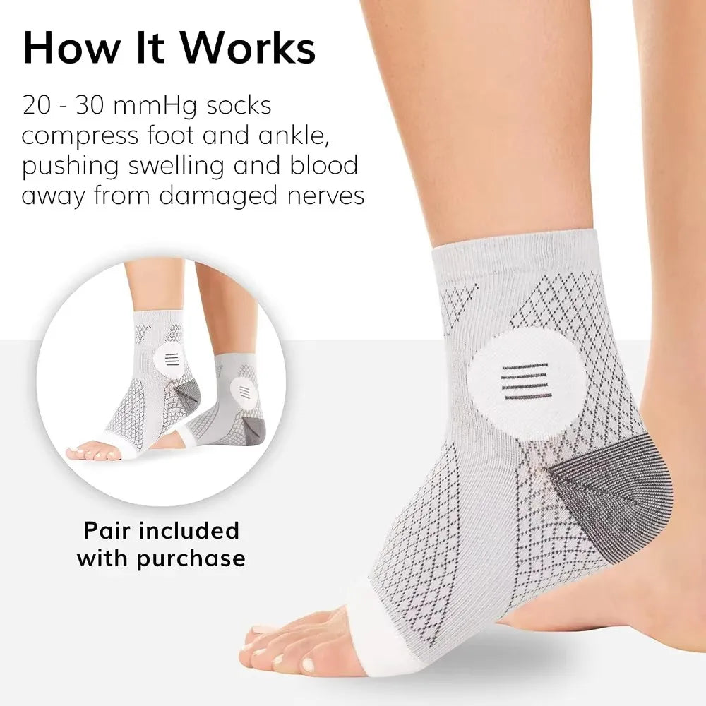A person's lower leg is shown wearing a gray therapeutic compression sock on their foot.