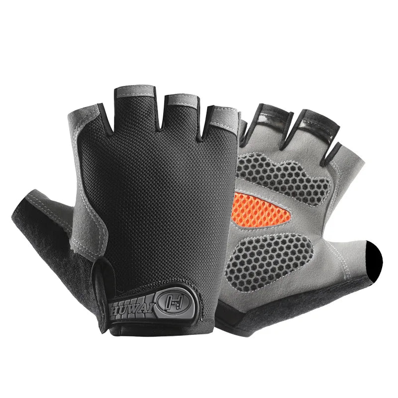 A pair of black breathable anti-slip fingerless gloves for sports and outdoor activities.