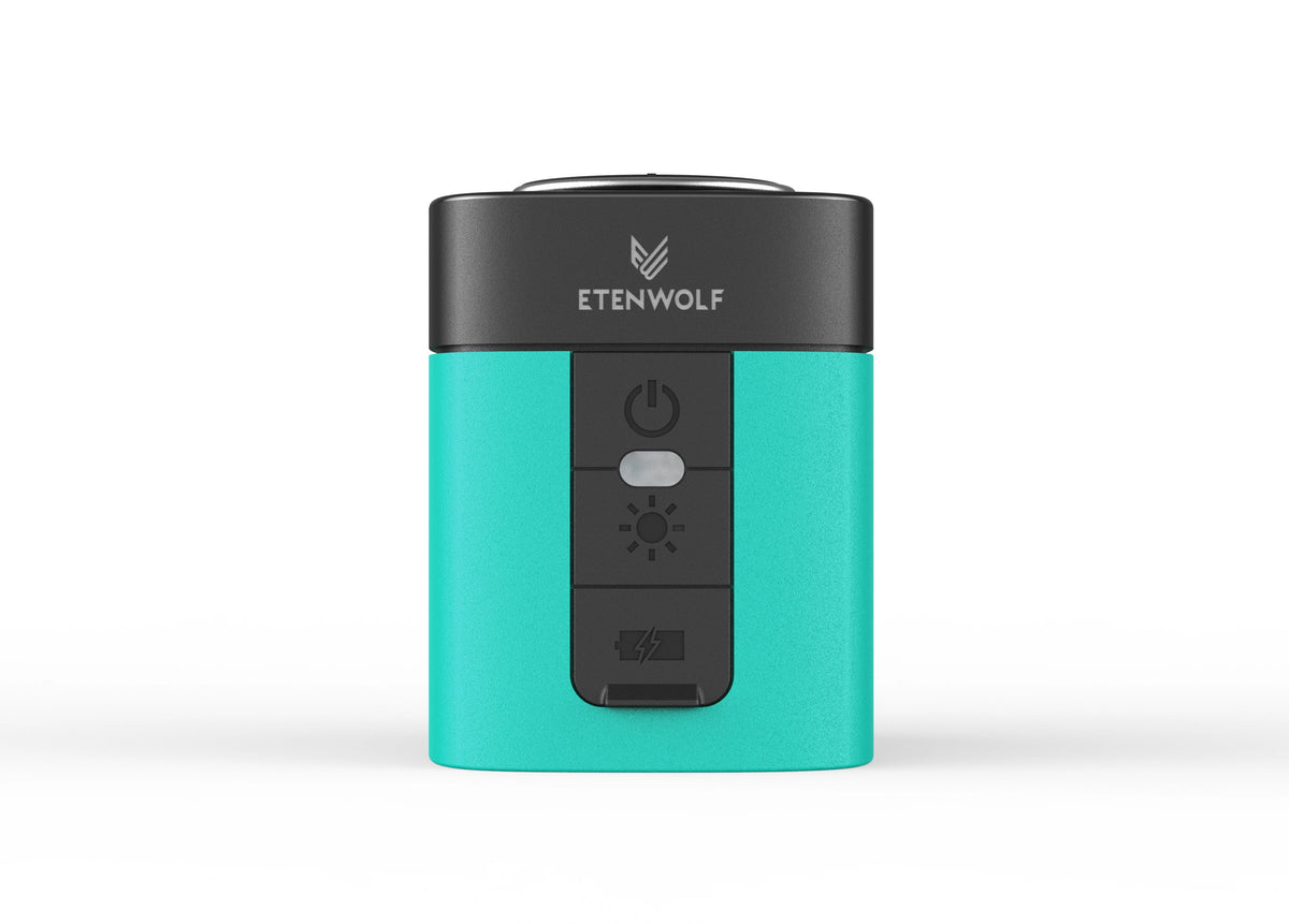A teal portable electric air pump device with a black top and controls, branded Etenwolf.