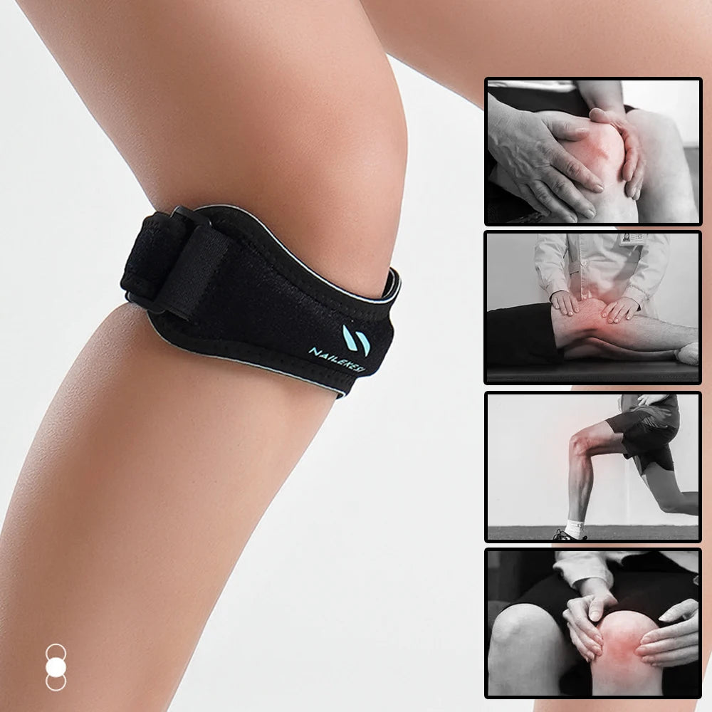 A black adjustable knee strap is shown being used to support the patella tendon area on a person's knee.