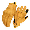 A pair of tan vintage leather motorcycle riding gloves shown from above.