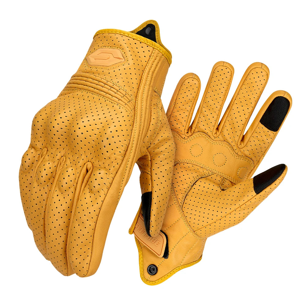 A pair of tan vintage leather motorcycle riding gloves shown from above.