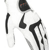 A white and black performance golf grip glove shown from the palm side.