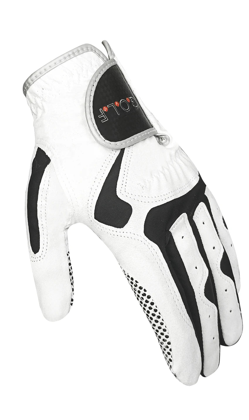 A white and black performance golf grip glove shown from the palm side.