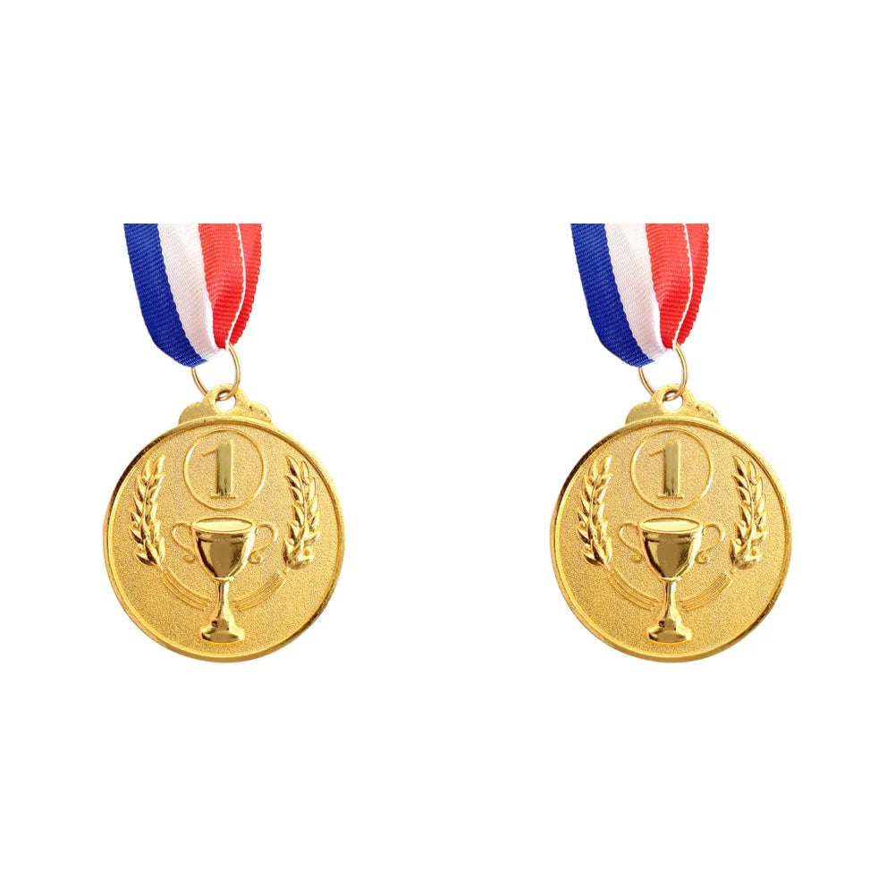 Two gold sports achievement medals with ribbons displayed against a white background.