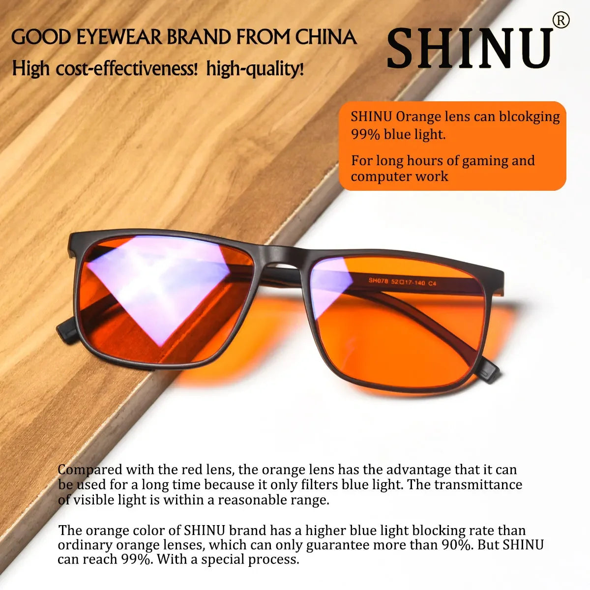 Orange lens blue light blocking glasses shown on a wooden surface