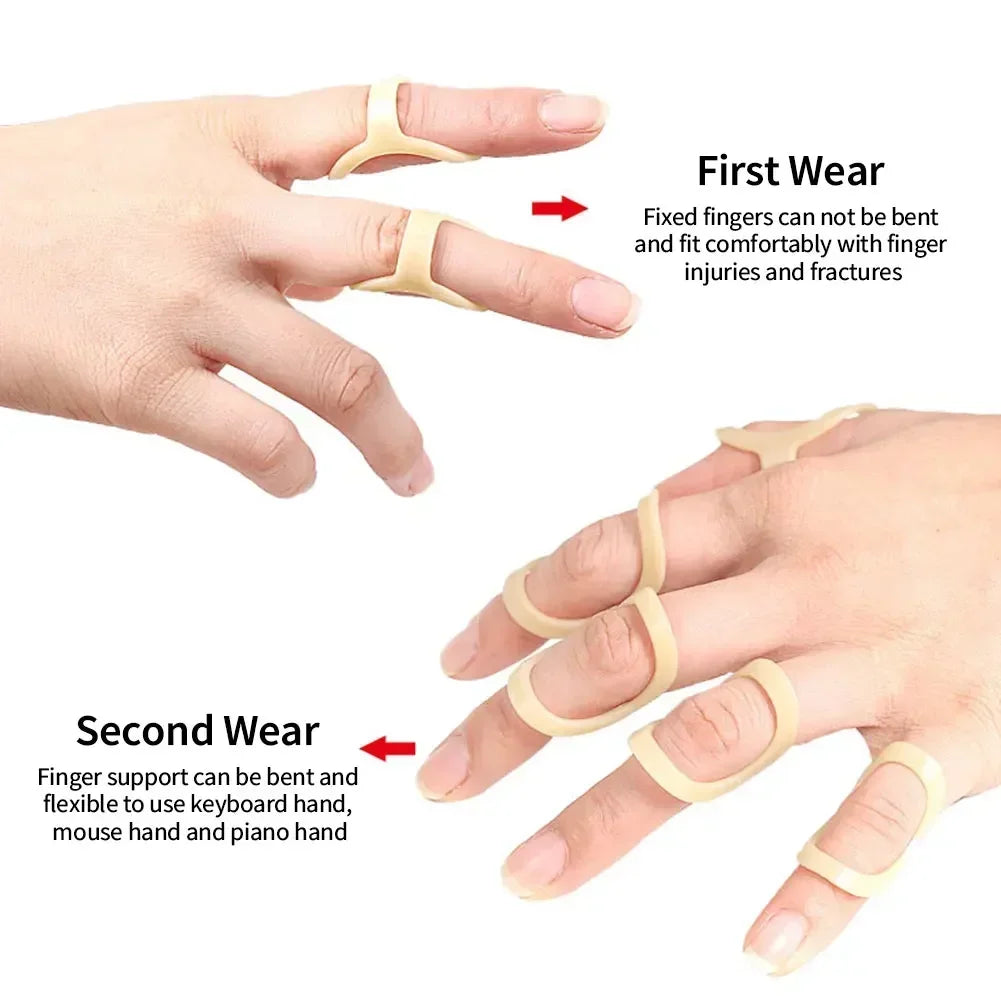 A hand wearing a beige ergonomic finger splint, shown in first and second wear configurations.