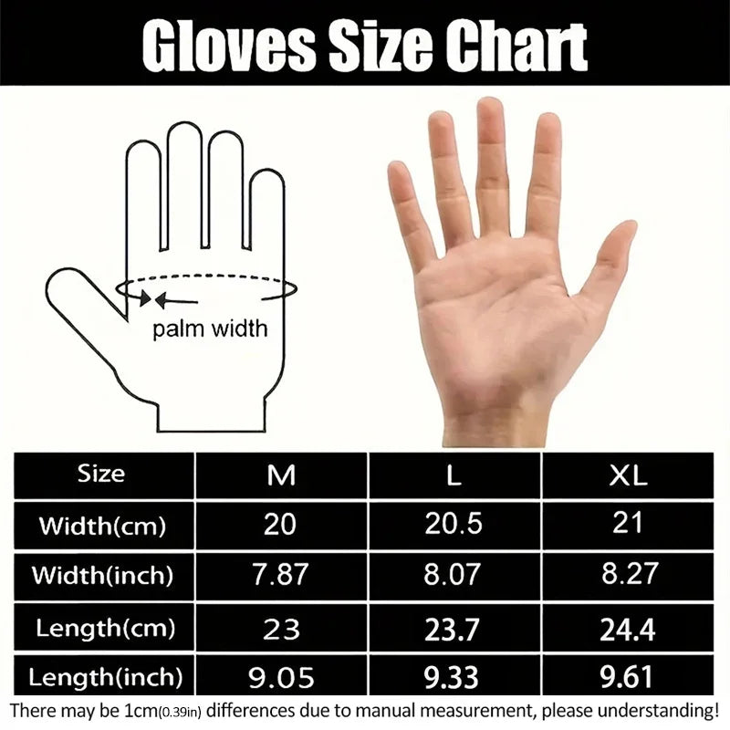 Gloves size chart showing measurements in centimeters and inches for sizes M, L, and XL