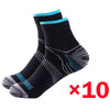 Ten pairs of black ankle compression socks with blue trim and white patterned designs.