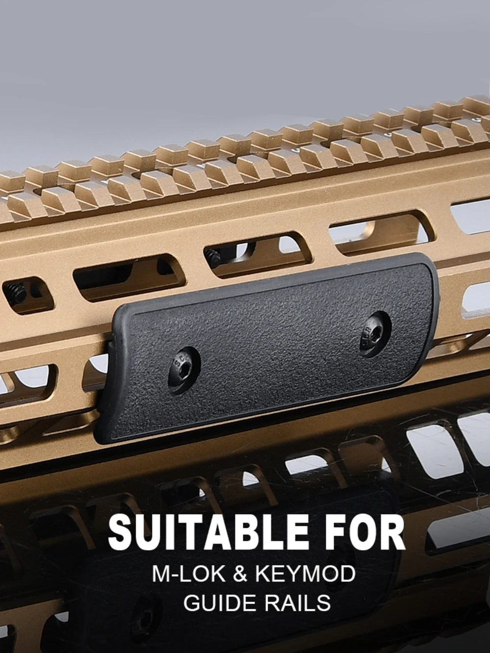 A black tactical rail panel kit designed to fit M-LOK and KeyMod guide rails on a firearm receiver.