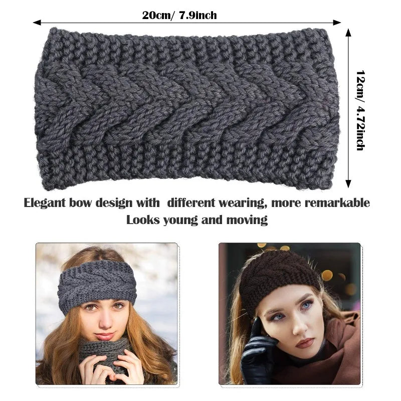 Diadema de punto gris oscuro usada por una mujer como accesorio para el pelo y la cabeza en invierno.