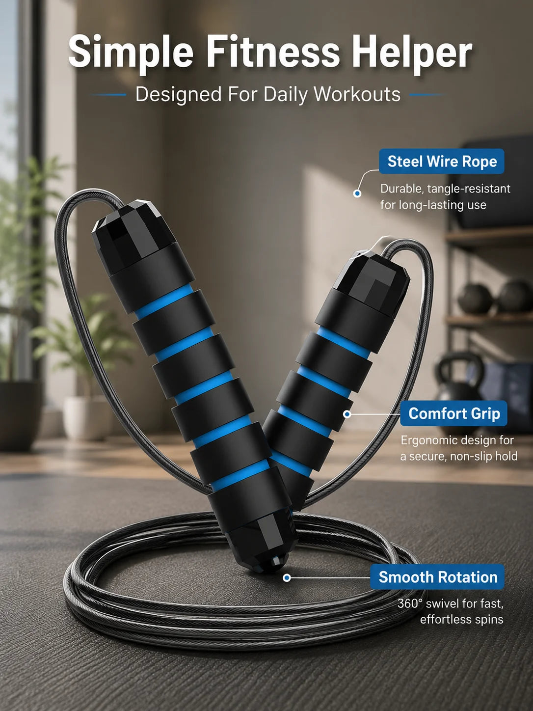A black fitness helper jump rope with a durable steel wire rope and comfort grip is shown on a wooden surface.