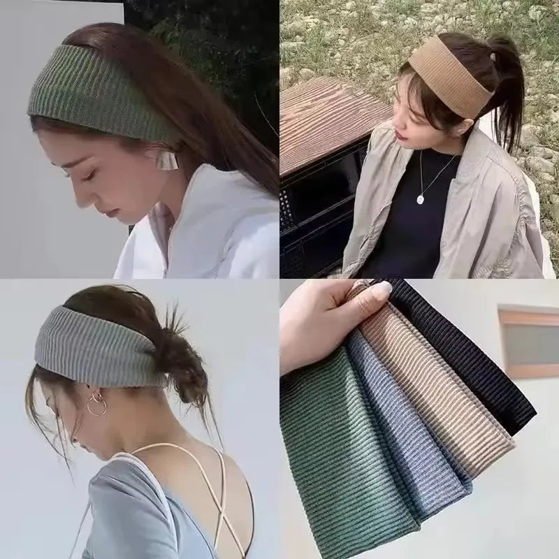 A collection of wide bohemian print headbands in various shades of green, beige, and black.