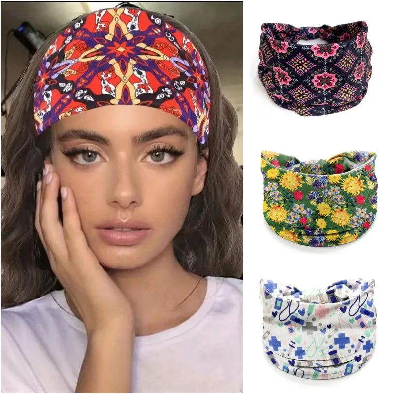 A woman models a bohemian stretch cotton headband in various floral and geometric patterns.