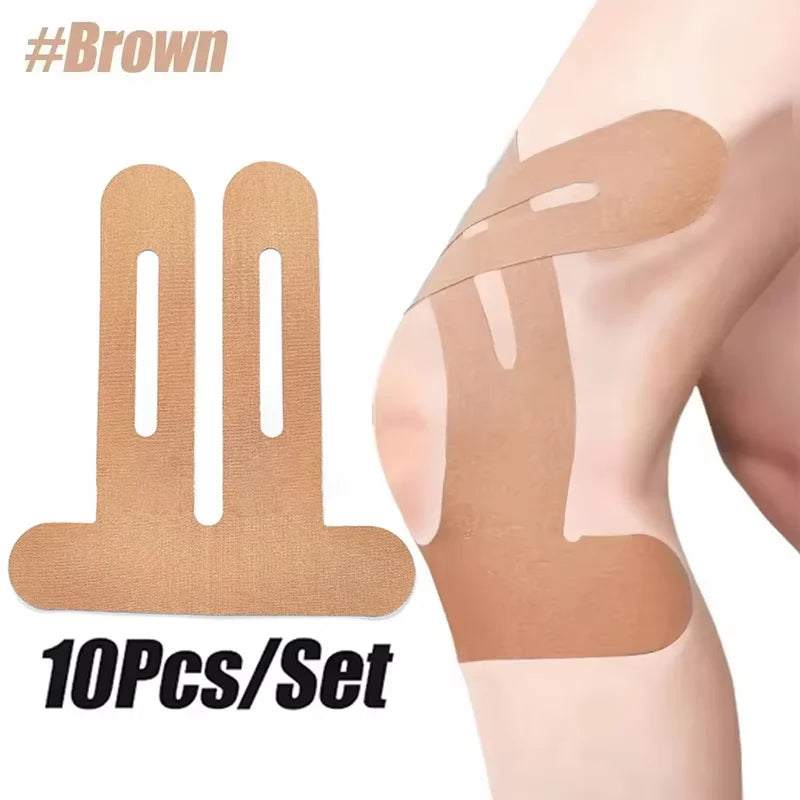 Braunes, unterstützendes elastisches Kniestabilisierungstape auf einem Bein.