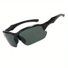 A pair of black polarized sport sunglasses with dark green lenses.