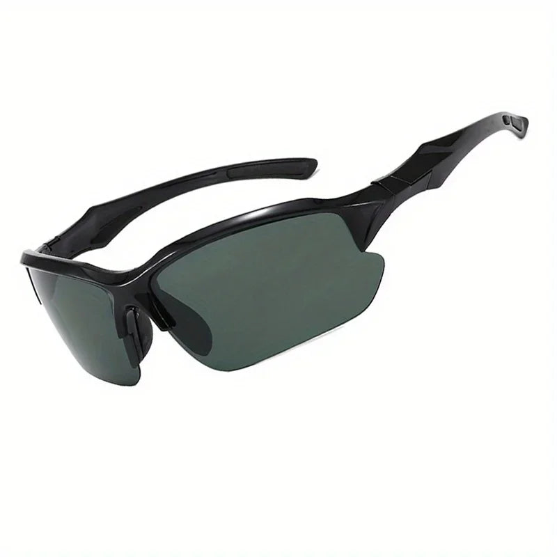 A pair of black polarized sport sunglasses with dark green lenses.