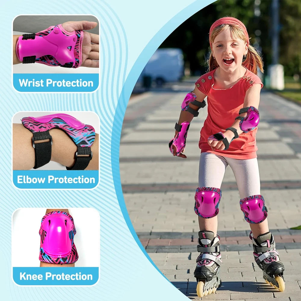 A young girl wearing a complete protective gear set for skating, including wrist, elbow, and knee protection.