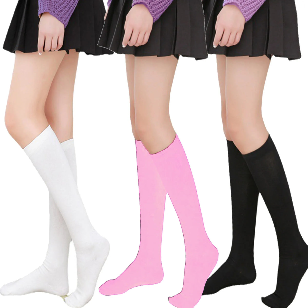Tres pares de medias thigh high blancas, rosas y negras para mujer.