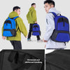 Various carrying methods shown for a blue and black multi-sport fitness backpack including shoulder bag and hand bag designs