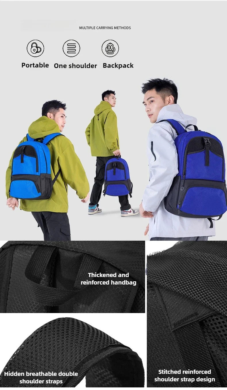 Various carrying methods shown for a blue and black multi-sport fitness backpack including shoulder bag and hand bag designs