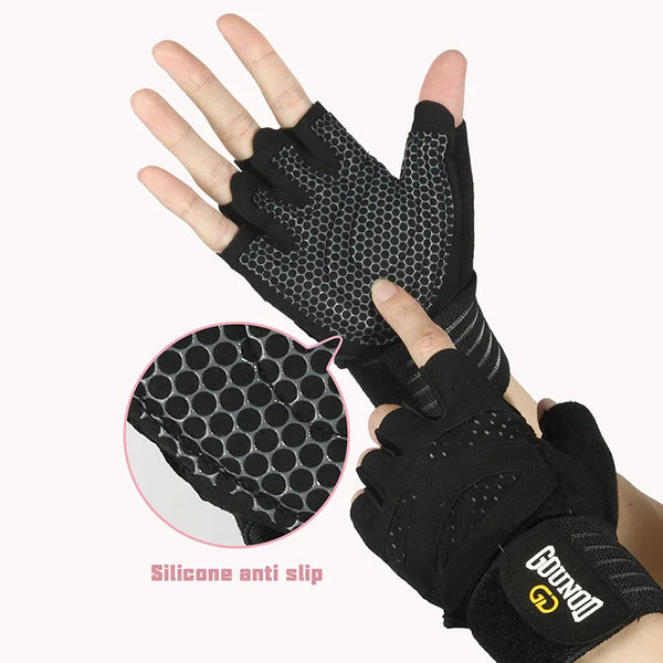Black silicone anti-slip weightlifting wristbands being worn by a hand
