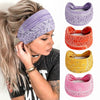A woman wearing a purple bohemian cotton stretch headband, with various colored headbands displayed beside it.