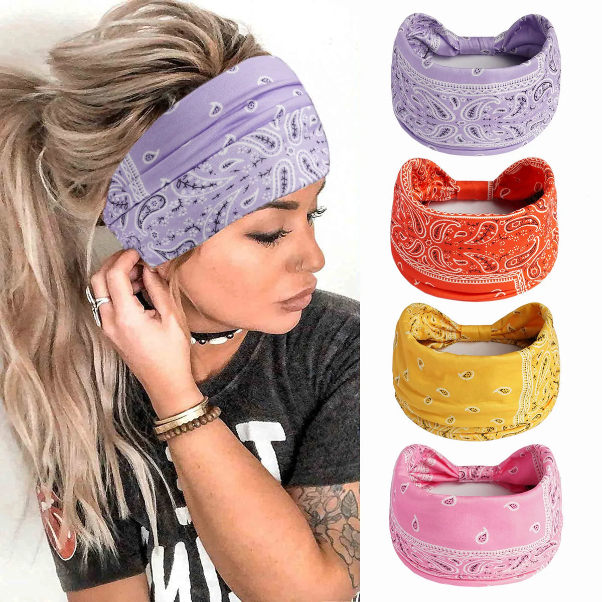 A woman wearing a purple bohemian cotton stretch headband, with various colored headbands displayed beside it.