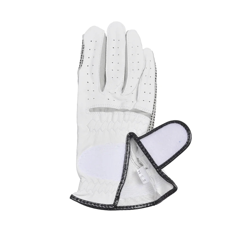 White golf glove for men with perforated fingers and black trim