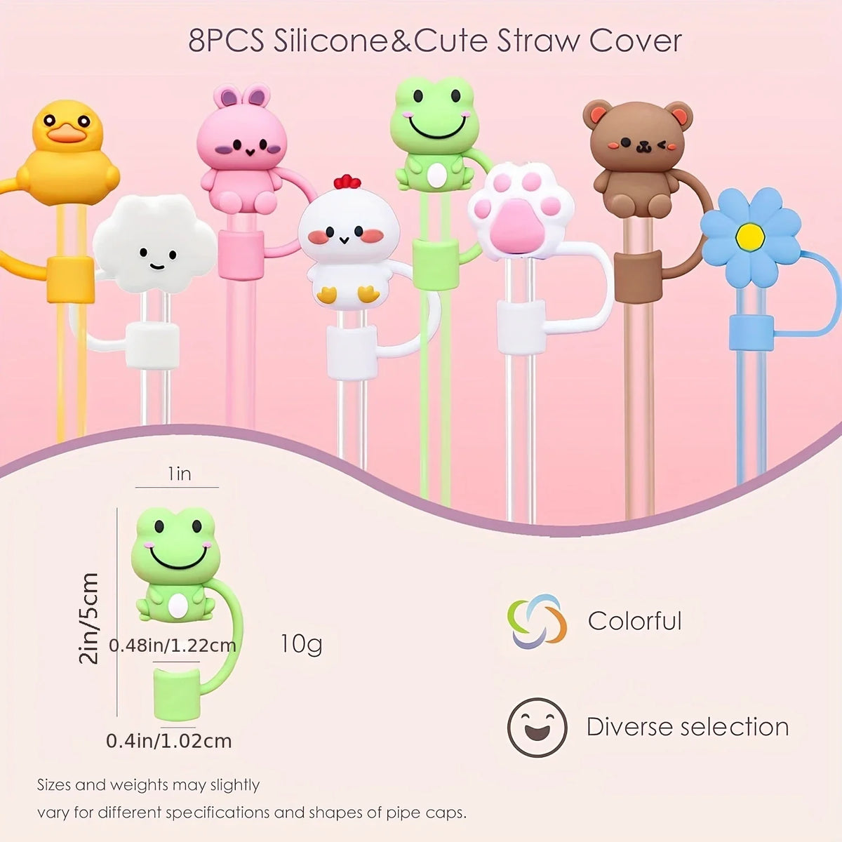 Eight silicone and cute straw covers featuring various animal characters like a duck, rabbit, frog, and bear.