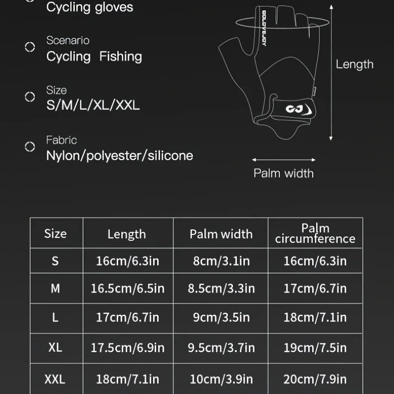 A table showing sizes and corresponding lengths, palm widths, and palm circumference for cycling gloves.