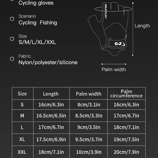 A table showing sizes and corresponding lengths, palm widths, and palm circumference for cycling gloves.