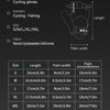 A table showing sizes and corresponding lengths, palm widths, and palm circumference for cycling gloves.