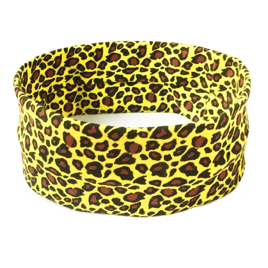 Yellow fabric sports headband with a brown and black leopard print pattern.