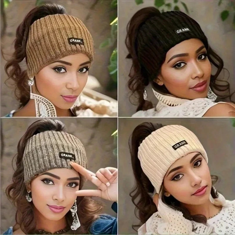 A woman models a beige knitted winter headwrap with the brand name GRANK on it.