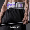 A muscular man wearing a black training belt with purple and gray accents, demonstrating core strength.